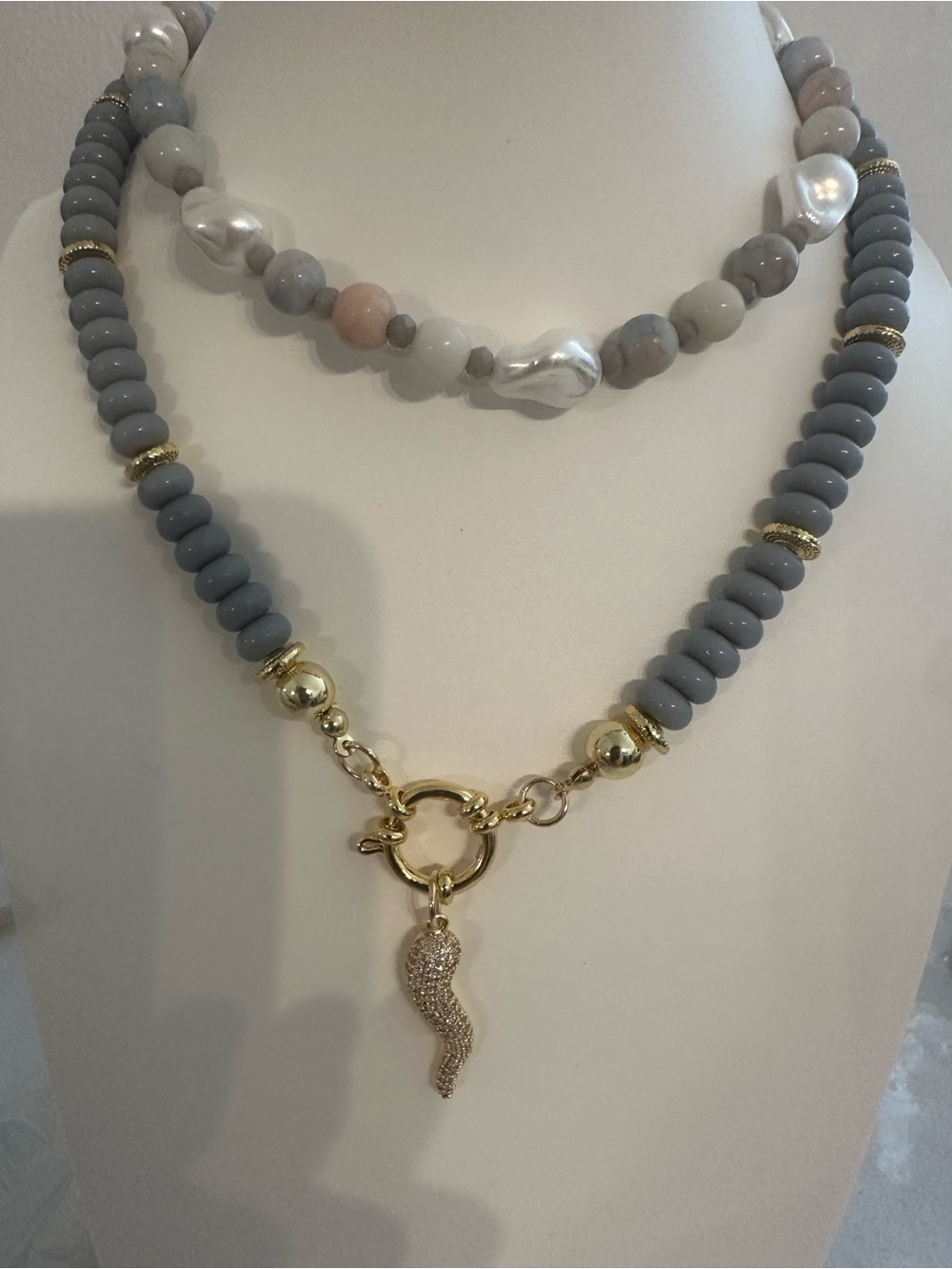 Gray - Blue Beaded Gold Charm Necklace - Designer Women's Jewelry